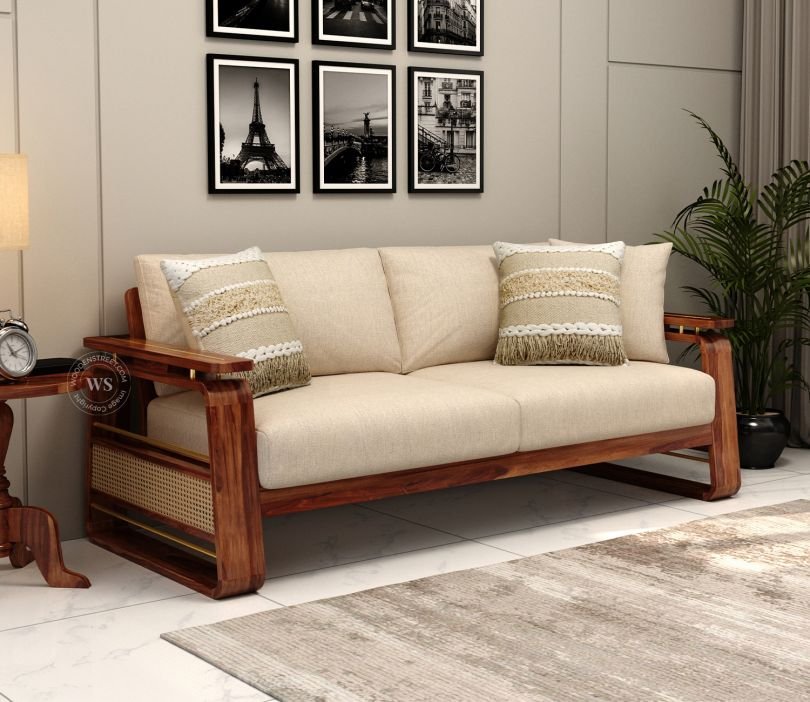 Vedic 3 Seater Sheesham Wood Sofa With Cane and Brass Detailing