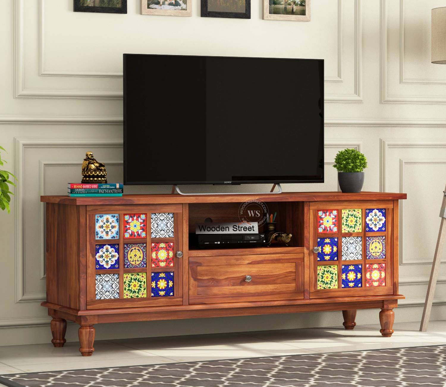 Boho Sheesham Wood Tv Cabinet with Ceramic Tiles & Storage (Honey Finish)