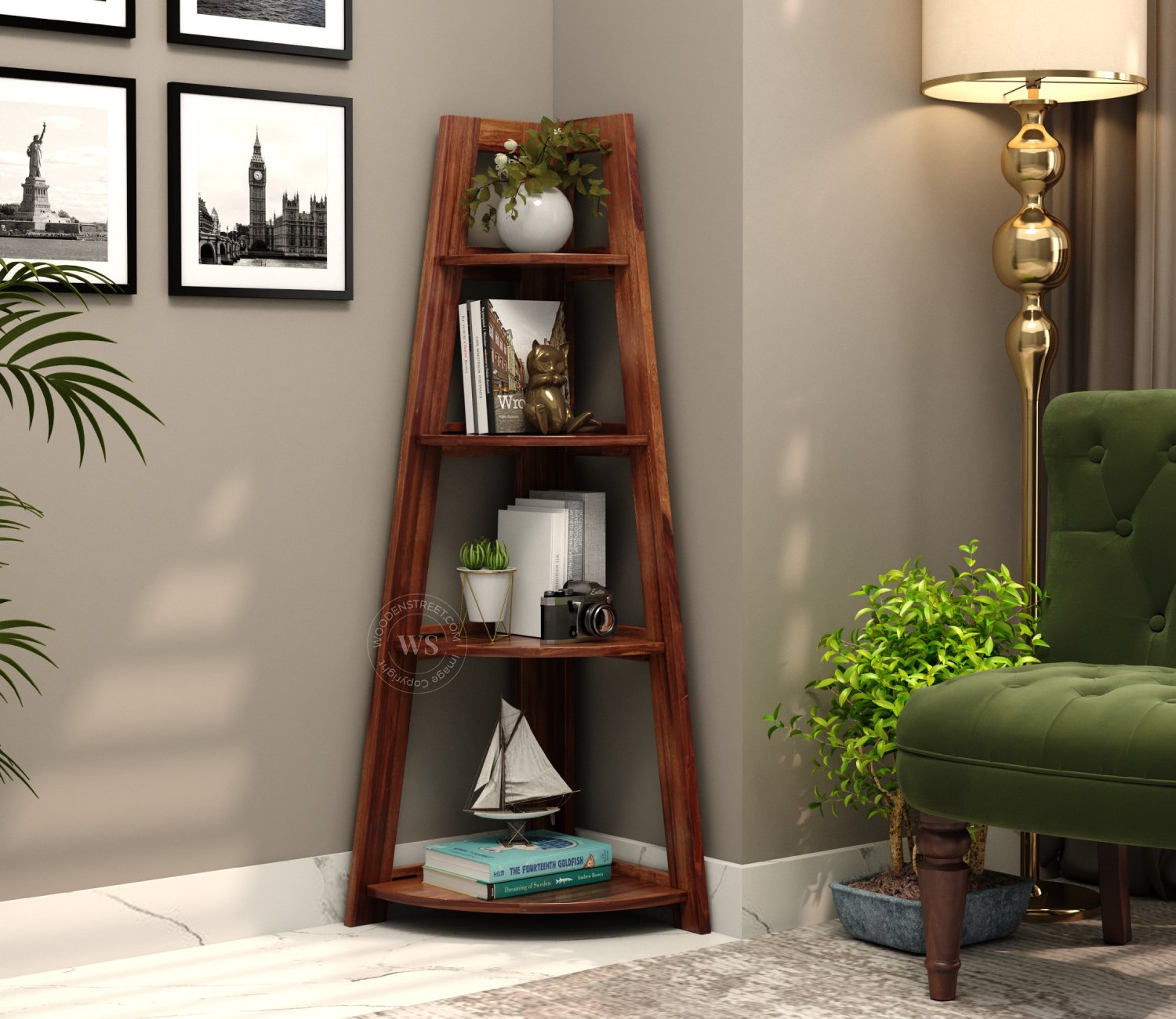 Severino Sheesham Wood Foldable Bookshelf (Honey Finish)