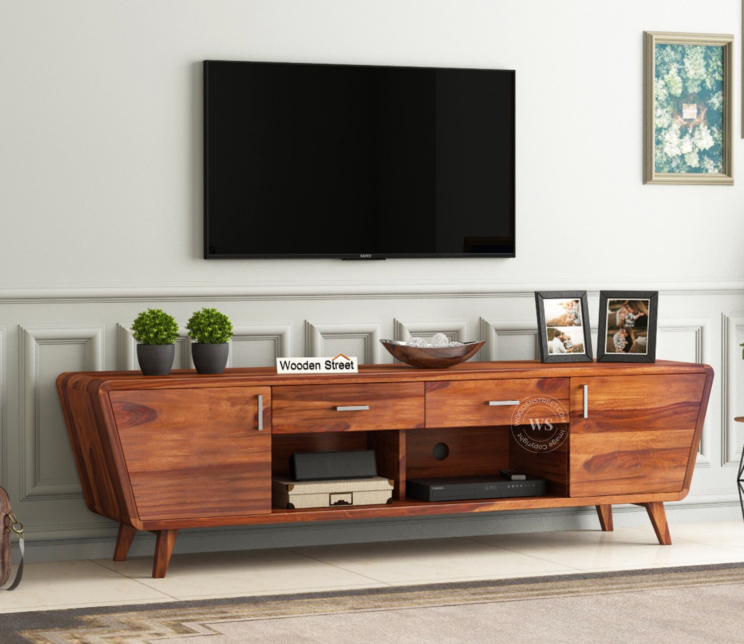 Melvina Sheesham Wood Tv Unit with Cupboards Drawers and Shelve Storage