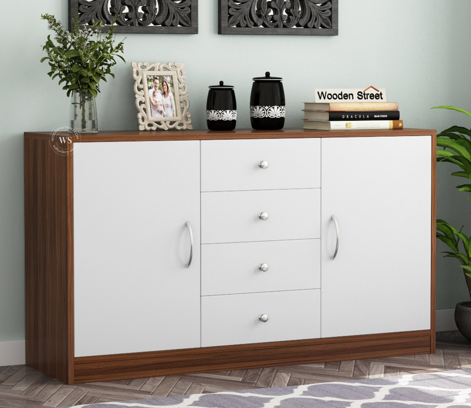 Gavin Premium Engineered Wood Cabinet and Sideboard with Frosty White Drawer (Exotic Teak Finish)