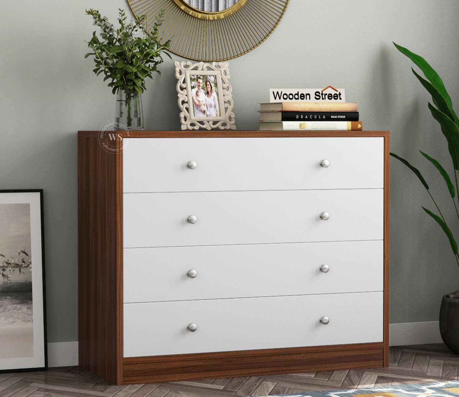 Gavin 4-Drawer Wooden Chest Of Drawers with Frosty White Drawer (Exotic Teak Finish)