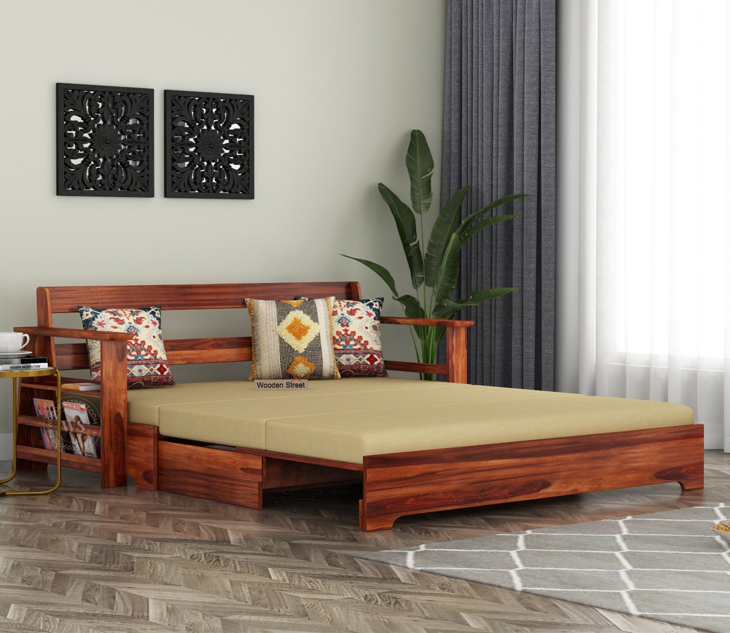 Della Sheesham Wood Sofa Cum Bed With Armrests