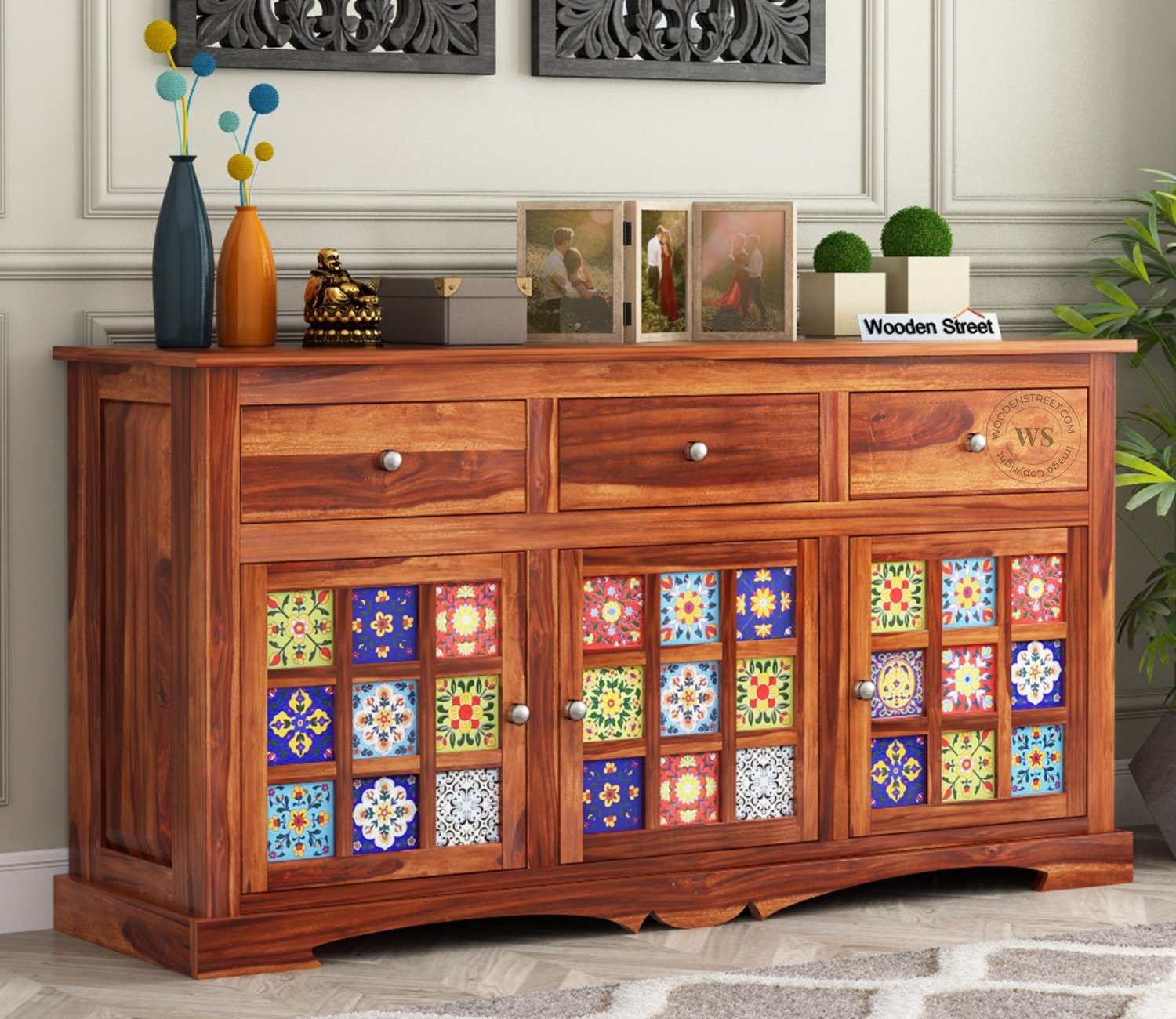 Boho Sheesham Wood Storage Cabinet Sideboard With Three Drawers (Honey Finish)