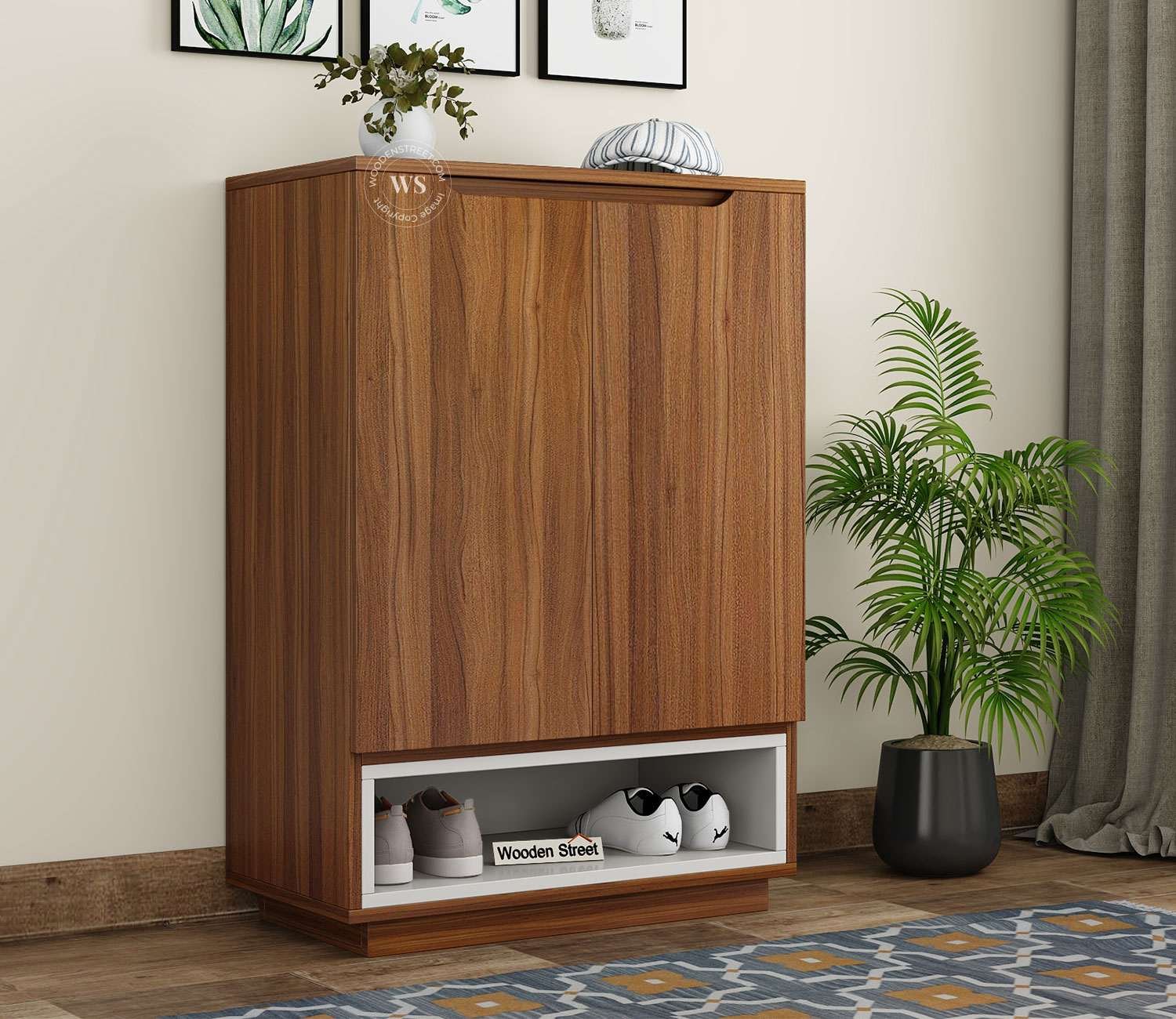 Hector Engineered Wood Shoe Cabinet with Frosty White Drawer (Exotic Teak Finish)